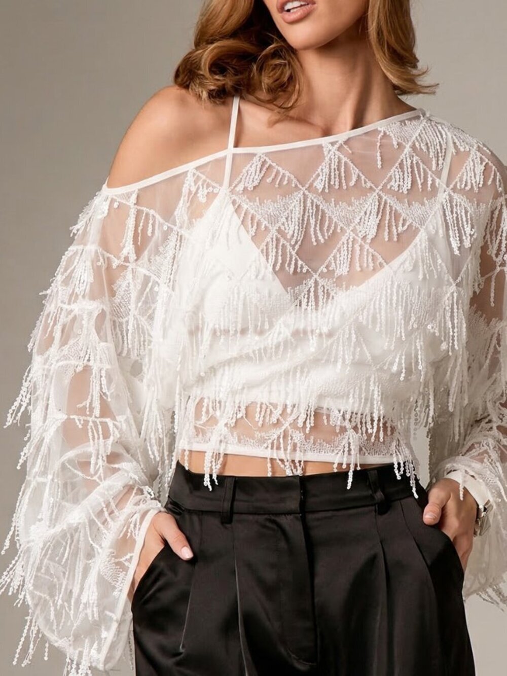 White Sexy Women's Sequin One Shoulder Top with Fringe and Sheer Sleeves - Picture 6 of 6